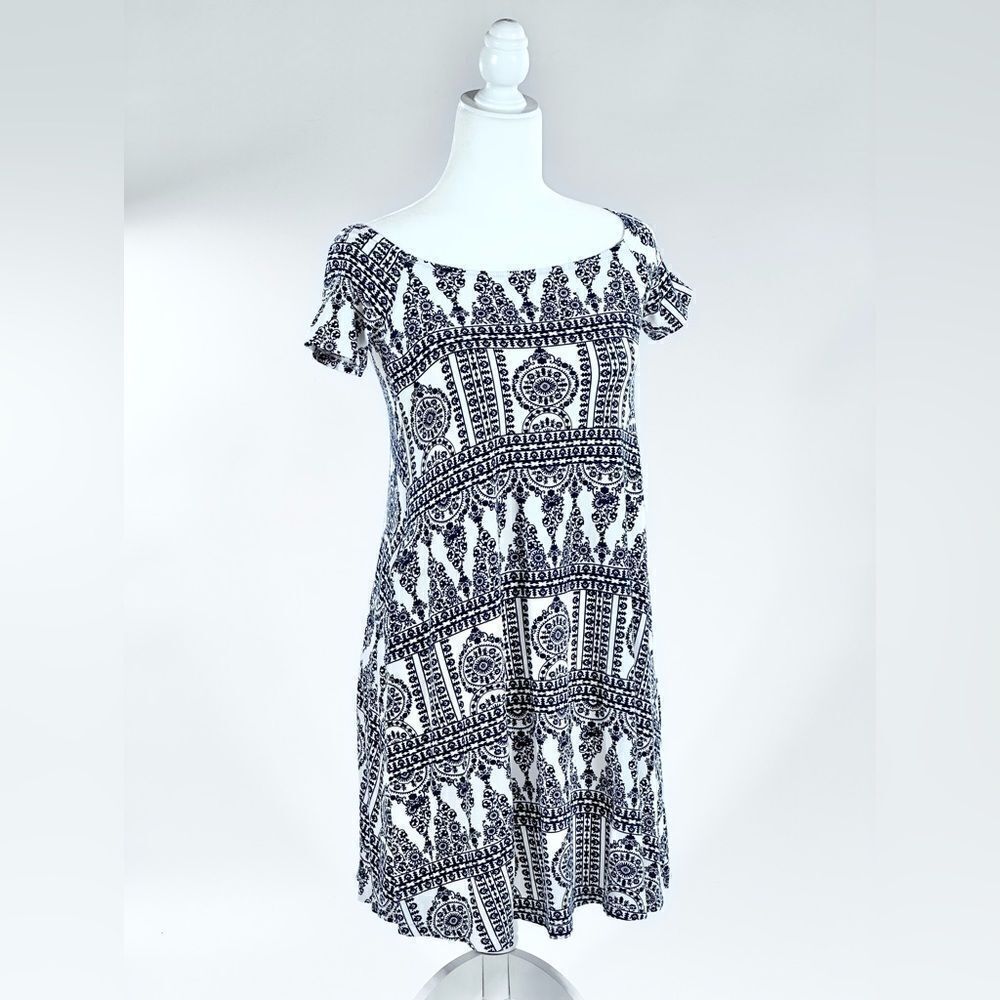 Ava Sky stretch cotton white and navy print dress XS